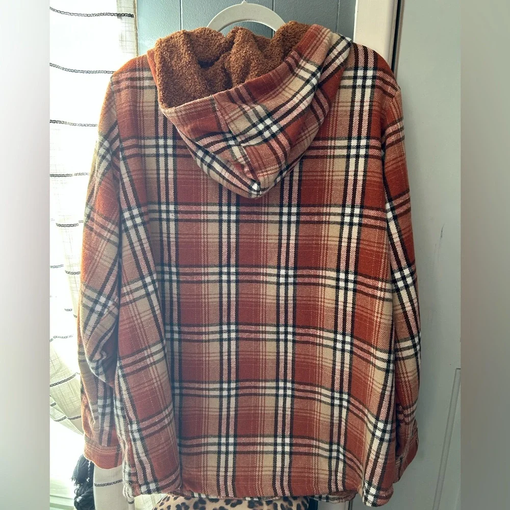 Orange Plaid Sherpa-Lined Hooded Utility Jacket - Picture 4 of 11